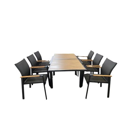 BÀN GHẾ KHUNG NHÔM ĐEN GIẢ GỖ