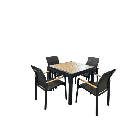 BÀN GHẾ KHUNG NHÔM ĐEN GIẢ GỖ