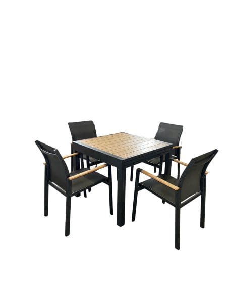 BÀN GHẾ KHUNG NHÔM ĐEN GIẢ GỖ