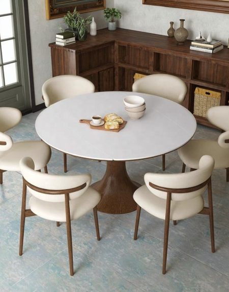Bàn Ăn Gỗ Sồi 6 Ghế Hình Tròn Mở Rộng
