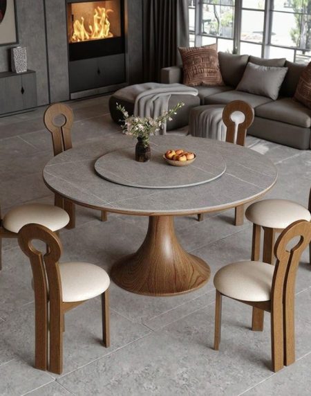 Bàn Ăn Gỗ Sồi 6 Ghế Hình Tròn Mở Rộng