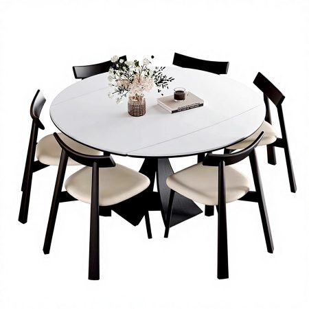 Bàn Ăn Gỗ Tròn Mở Rộng Hiện Đại Bằng Đá Slate