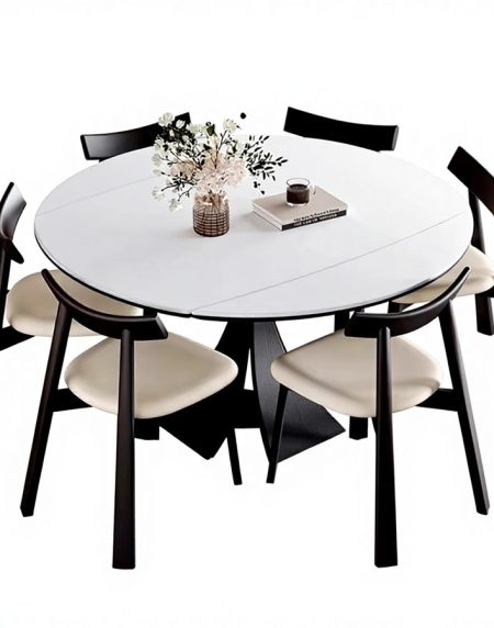 Bàn Ăn Gỗ Tròn Mở Rộng Hiện Đại Bằng Đá Slate