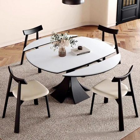Bàn Ăn Gỗ Tròn Mở Rộng Hiện Đại Bằng Đá Slate