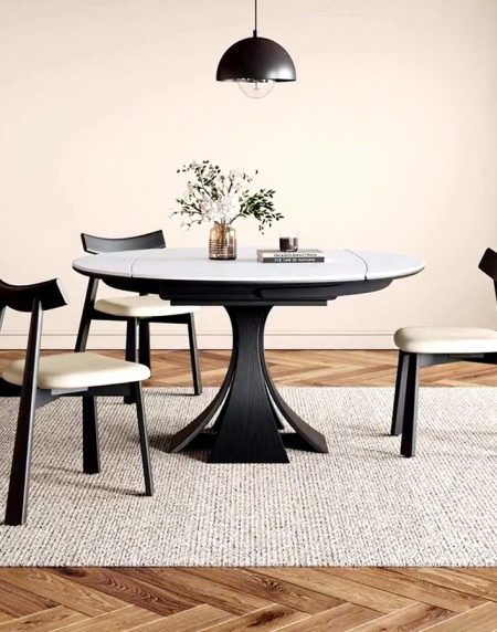 Bàn Ăn Gỗ Tròn Mở Rộng Hiện Đại Bằng Đá Slate