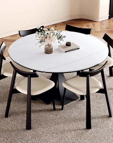 Bàn Ăn Gỗ Tròn Mở Rộng Hiện Đại Bằng Đá Slate