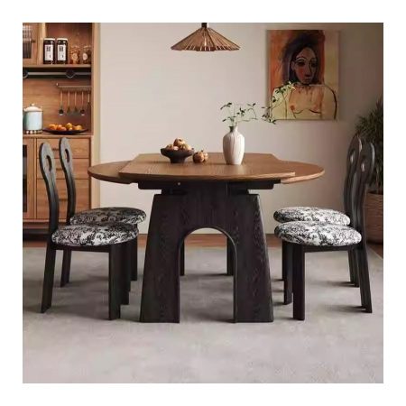 Bàn Ăn Gỗ Tự Nhiên Hình Tròn Mở Rộng 4-6 Ghế