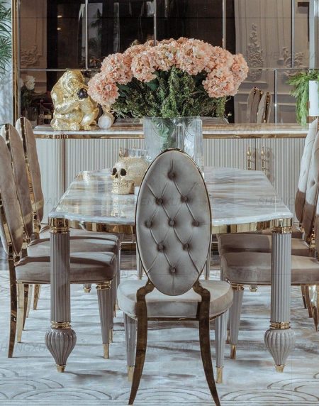 Bàn Ăn Hiện Đại Bằng Đá Marble và 8 Ghế Kim Loại Sang Trọng