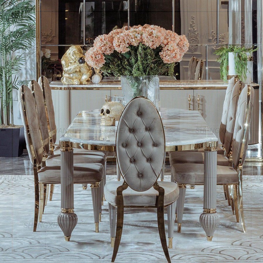 Bàn Ăn Hiện Đại Bằng Đá Marble và 8 Ghế Kim Loại Sang Trọng Bàn Ăn Hiện Đại Bằng Đá Marble và 8 Ghế Kim Loại Sang Trọng