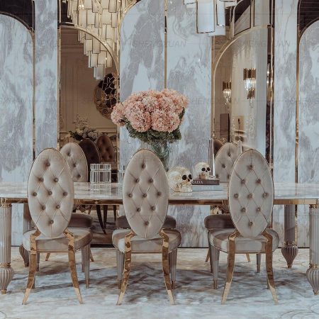 Bàn Ăn Hiện Đại Bằng Đá Marble và 8 Ghế Kim Loại Sang Trọng