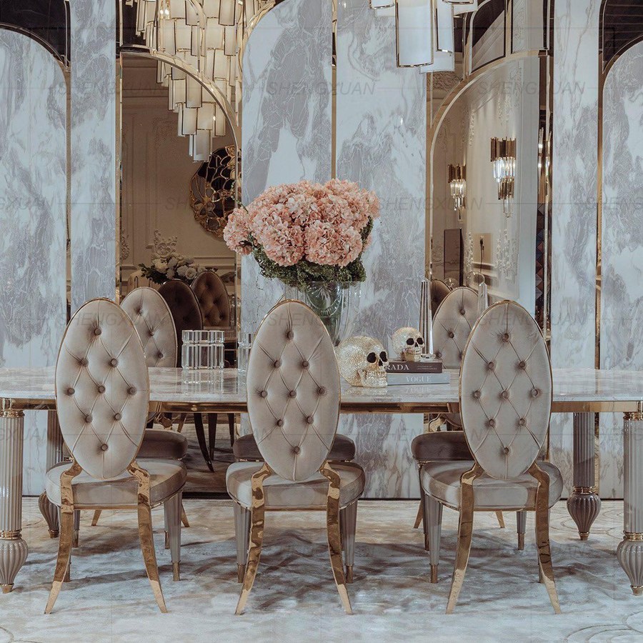 Bàn Ăn Hiện Đại Bằng Đá Marble và 8 Ghế Kim Loại Sang Trọng Bàn Ăn Hiện Đại Bằng Đá Marble và 8 Ghế Kim Loại Sang Trọng
