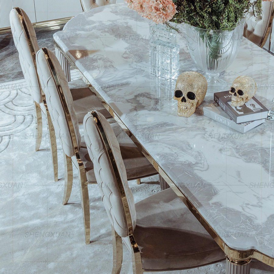 Bàn Ăn Hiện Đại Bằng Đá Marble và 8 Ghế Kim Loại Sang Trọng Bàn Ăn Hiện Đại Bằng Đá Marble và 8 Ghế Kim Loại Sang Trọng