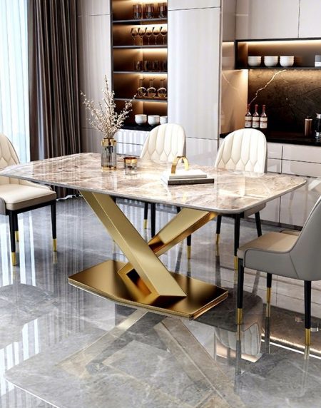 Bàn Ăn Hình Chữ Nhật Đá Sang Trọng Đế Kim Loại