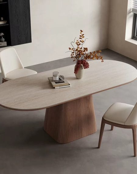 Bàn Ăn Oval Đá Sintered Chân Gỗ Hiện Đại