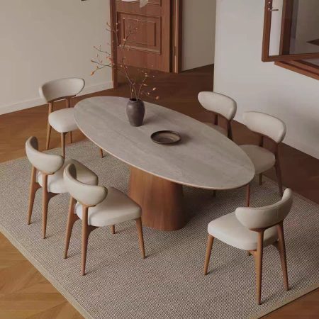 Bàn Ăn Oval Đá Sintered Chân Gỗ Hiện Đại