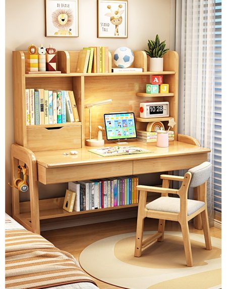 Bàn Học Trẻ Em Gỗ Tự Nhiên Bền Đẹp Có Kệ Sách