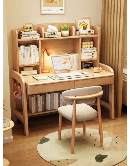 Bàn Học Trẻ Em Gỗ Tự Nhiên Có Kệ Sách, Điều Chỉnh Chiều Cao