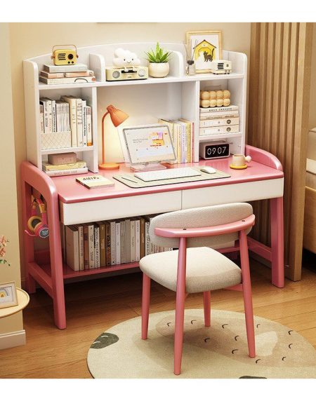 Bàn Học Trẻ Em Gỗ Tự Nhiên Có Kệ Sách, Điều Chỉnh Chiều Cao