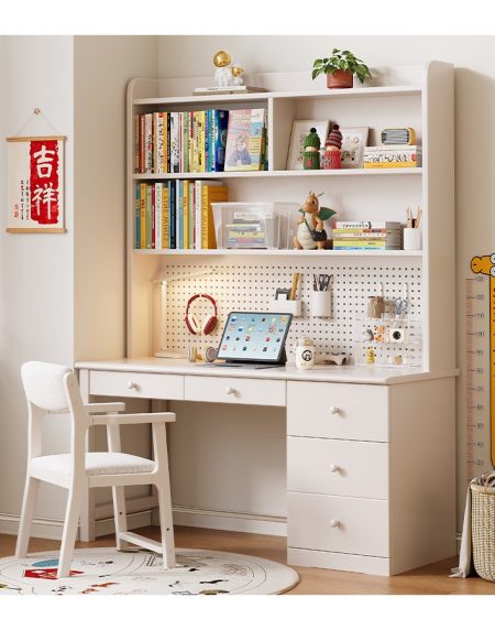 Bàn Học Trẻ Em Gỗ Tự Nhiên Hiện Đại Có Kệ Và Bảng Cork