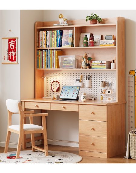 Bàn Học Trẻ Em Gỗ Tự Nhiên Hiện Đại Có Kệ Và Bảng Cork