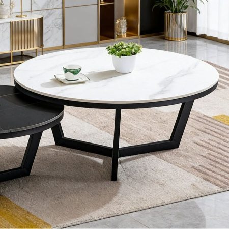 Bàn Trà Đá Đen Trắng Tối Giản Khung Kim Loại Hiện Đại