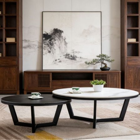 Bàn Trà Đá Đen Trắng Tối Giản Khung Kim Loại Hiện Đại