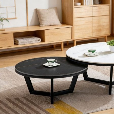 Bàn Trà Đá Đen Trắng Tối Giản Khung Kim Loại Hiện Đại