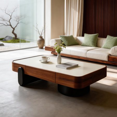 Bàn Trà Gỗ Tự Nhiên Phong Cách Cổ Điển Mặt Đá Đa Năng
