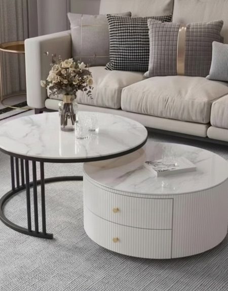 Bàn Trà Hiện Đại Đá Trắng Khung Kim Loại Vàng Đa Năng
