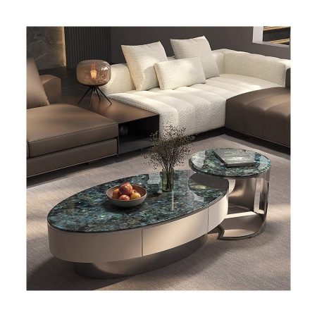 Bàn Trà Hiện Đại Khung Thép Không Gỉ Hình Oval Có Ngăn Chứa