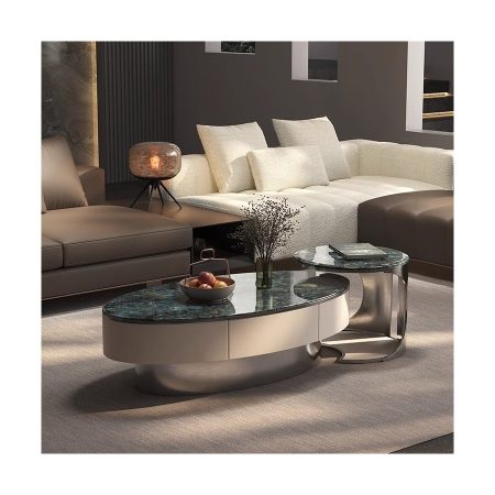 Bàn Trà Hiện Đại Khung Thép Không Gỉ Hình Oval Có Ngăn Chứa