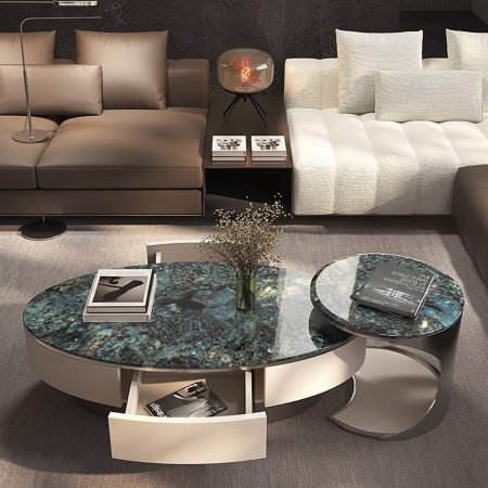 Bàn Trà Hiện Đại Khung Thép Không Gỉ Hình Oval Có Ngăn Chứa