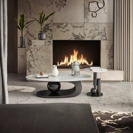 Bàn Trà Hình Oval Kim Loại Gỗ Hiện Đại