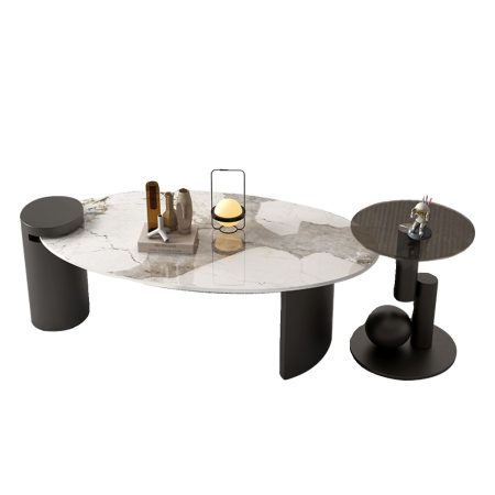 Bàn Trà Kim Loại Mặt Đá Marble Hình Oval Hiện Đại