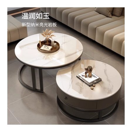 Bàn Trà Kim Loại Mặt Đá Tròn Hiện Đại Có Ngăn Kéo