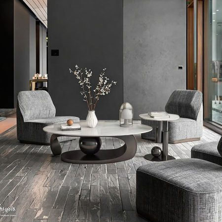 Bàn Trà Oval Nhỏ Gọn Gỗ Kim Loại Hiện Đại