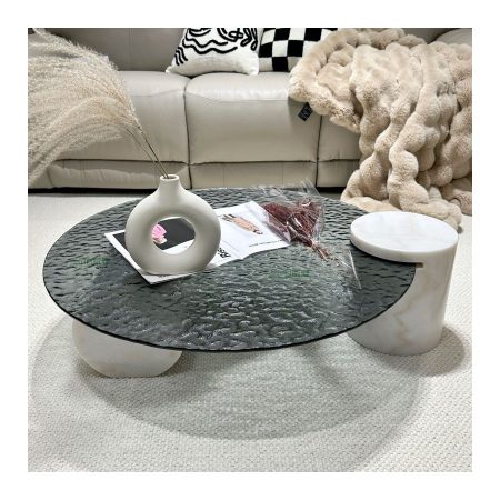 Bàn Trà Tối Giản Đá Marble Khung Kính Chịu Lực Họa Tiết Gợn Sóng