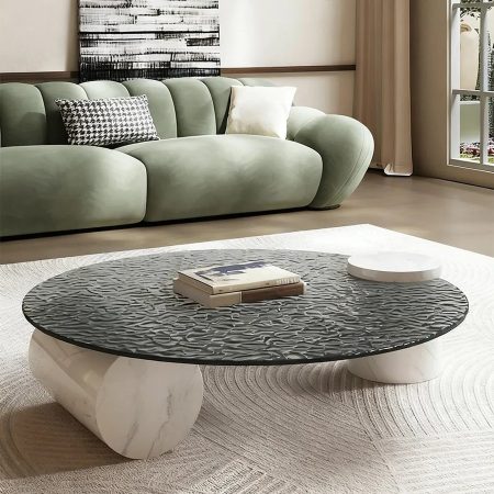 Bàn Trà Tối Giản Đá Marble Khung Kính Chịu Lực Họa Tiết Gợn Sóng