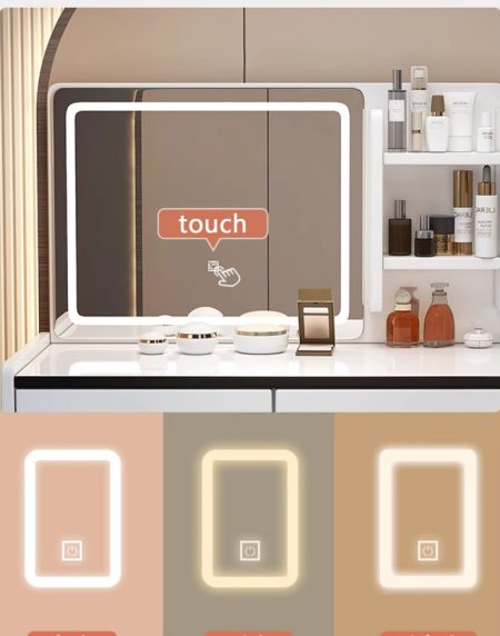 Bàn Trang Điểm Gỗ Thông Hiện Đại Có Gương Đèn LED
