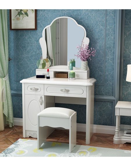 Bàn Trang Điểm Gỗ Thông Kèm Gương Oval Chiếu Sáng