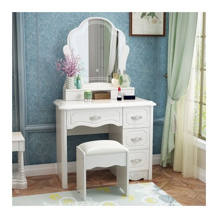 Bàn Trang Điểm Gỗ Thông Kèm Gương Oval Chiếu Sáng