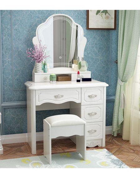 Bàn Trang Điểm Gỗ Thông Kèm Gương Oval Chiếu Sáng