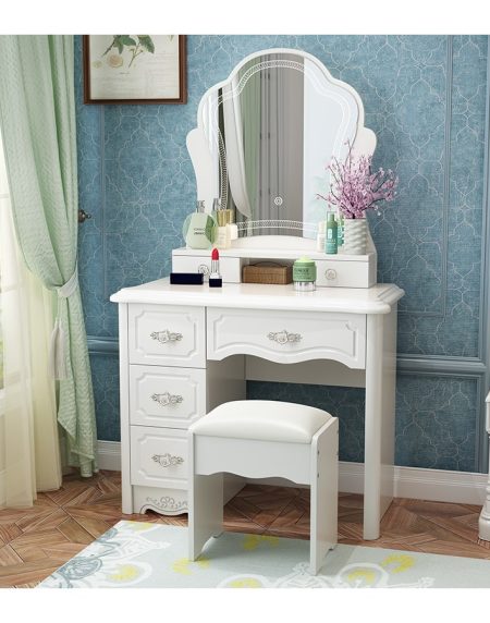 Bàn Trang Điểm Gỗ Thông Kèm Gương Oval Chiếu Sáng