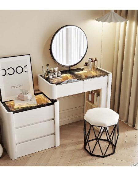 Bàn Trang Điểm Gỗ Trắng Hiện Đại Có Gương Đèn Led