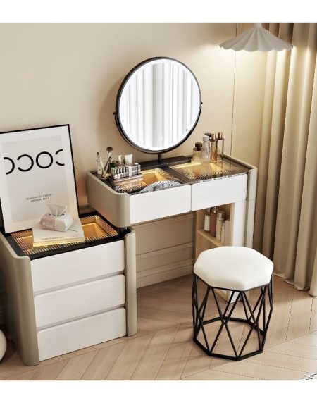 Bàn Trang Điểm Gỗ Trắng Hiện Đại Có Gương Đèn Led