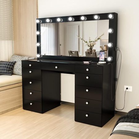 Bàn Trang Điểm Gỗ Tự Nhiên 11 Ngăn Đen Có Gương Đèn LED