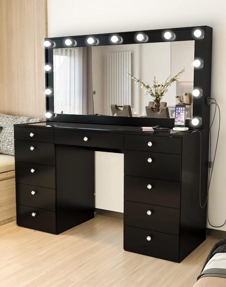 Bàn Trang Điểm Gỗ Tự Nhiên 11 Ngăn Đen Có Gương Đèn LED