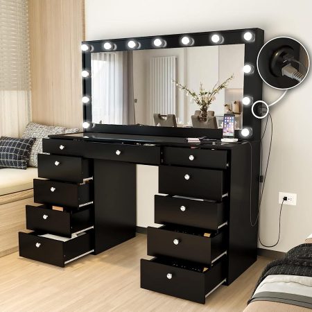 Bàn Trang Điểm Gỗ Tự Nhiên 11 Ngăn Đen Có Gương Đèn LED