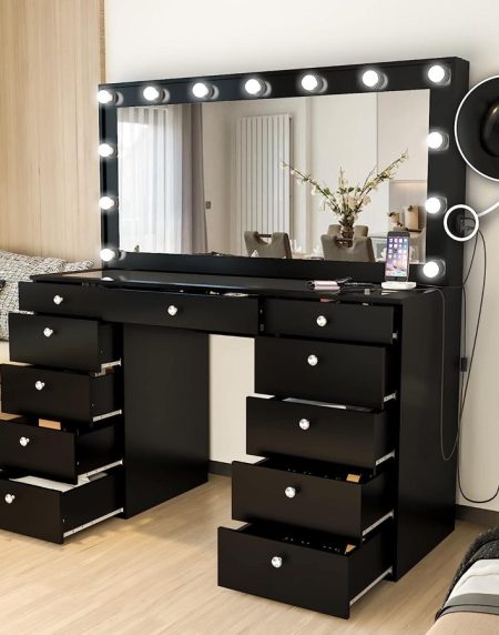 Bàn Trang Điểm Gỗ Tự Nhiên 11 Ngăn Đen Có Gương Đèn LED