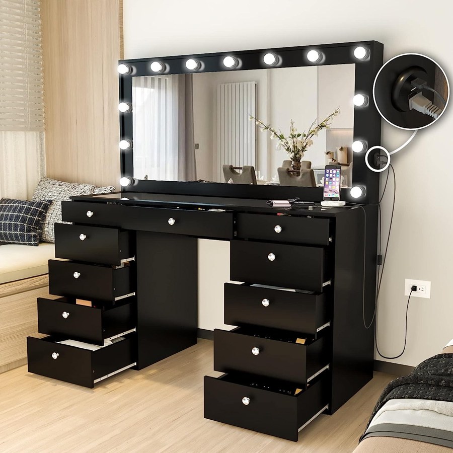 Bàn Trang Điểm Gỗ Tự Nhiên 11 Ngăn Đen Có Gương Đèn LED Bàn Trang Điểm Gỗ Tự Nhiên 11 Ngăn Đen Có Gương Đèn LED